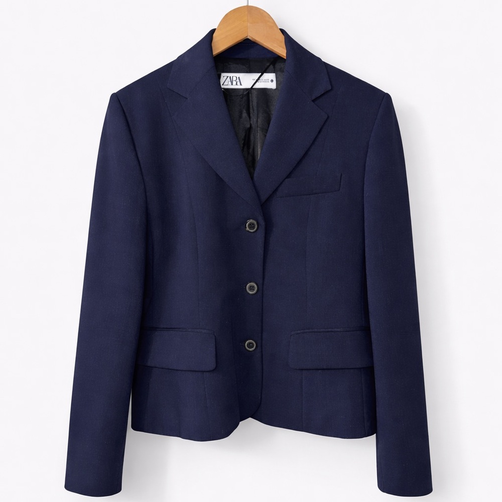 Zara Navy Blue Single-Breasted Tailored Blazer